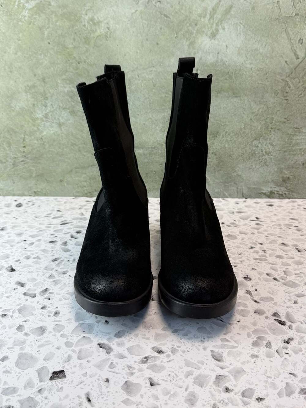 Emanuele Crasto Black Suede Mid-Calf Block Heel Lug Sole Chelsea Boots Sz 38